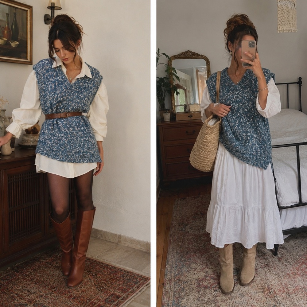 Vintage Landers & Co Blue Marled Knit Oversized Sweater Vest | Cottagecore Sz L